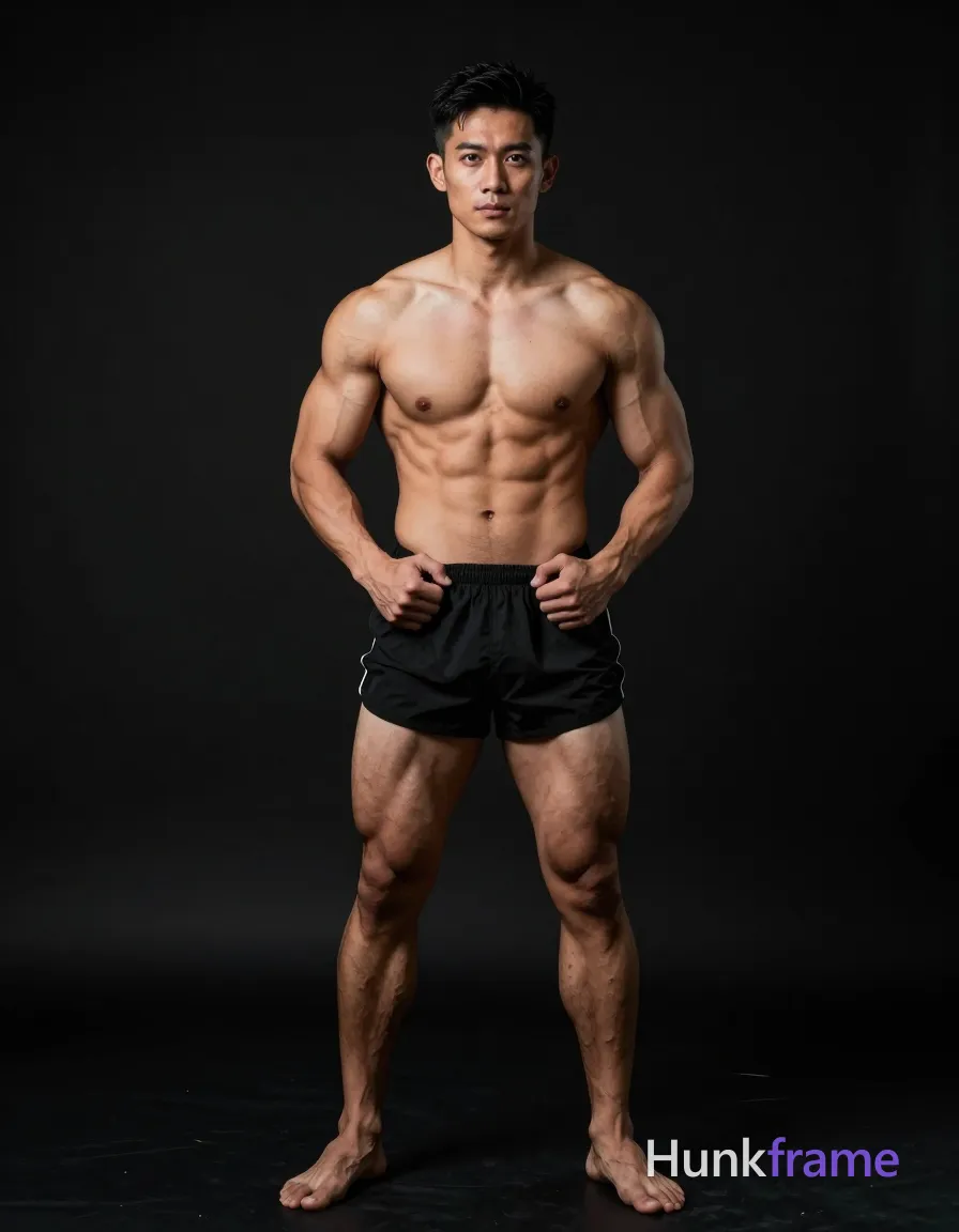 Asian man with medium-dark skin and short black hair stands shirtless in a full-body shot against a solid black studio backdrop. His torso is upright facing the camera, hands gripping his waistband on black athletic shorts, displaying highly muscular shoulders, thick thighs, defined abs, and bare chest. Dramatic side lighting creates high contrast between deep shadows and sculpted skin tones. Serious direct gaze meets the lens with intense masculine mood captured in fine-art photography editorial aesthetic., a single uninterrupted photograph only, no written words or typography anywhere in frame, no captions, no app UI, no social-media post layout, no screenshot borders