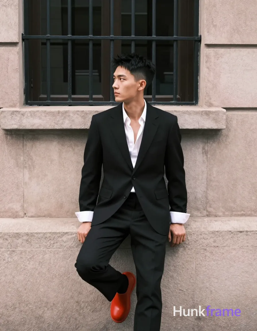Asian man, short black textured hair tapered sides clean-shaven neutral contemplative gaze leftward seated sideways against pinkish stone wall with barred window; Wearing single-breasted black suit jacket notched lapel buttoned top one lower undone revealing white dress shirt collar placket unbuttoned to chest level showing upper sternum no bare skin beyond that sleeves rolled slightly cuffs tailored fit black trousers matching jacket right leg bent foot lifted red rubber outsole visible left leg extended downward hands resting on thighs knees; Full-body shot head to mid-calf center-right composition fine-art photography aesthetic high contrast sculpted lighting natural daylight front-left soft shadows dramatic contemplative fashion-editorial mood vertical portrait 13:19 aspect ratio clean negative space screen-safe; single clean uninterrupted photograph with a cohesive editorial composition and plain continuous surrounding surfaces