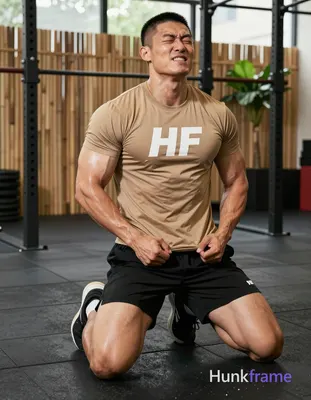 Asian man kneeling on black rubber gym floor, torso upright and slightly arched 