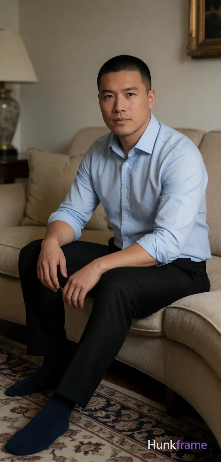 Photograph of exactly 1 adult man. Man 1: Asian, light-medium, oval with defined jawline, short buzz cut, dark brown/black, uniform length on sides and top, clean-shaven. Man 1 has fully exposed eyes, eyebrows, temples and nose bridge. Broad shoulders, meaty chest define a stocky muscular build with dense body hair. Seated sideways on curved beige sofa with left leg extended forward, right knee bent. Light blue button-down shirt sleeves rolled up paired with black tailored trousers, navy socks. Vertical portrait crop from knees to head centered horizontally with balanced negative space. Indoor living room featuring patterned rug, beige sofa arms, partial lamp base, and light walls. Soft ambient indoor lighting creates gentle shadows on the right side of face and body. Fine-art photography aesthetic with dramatic soft lighting emphasizing composed masculinity