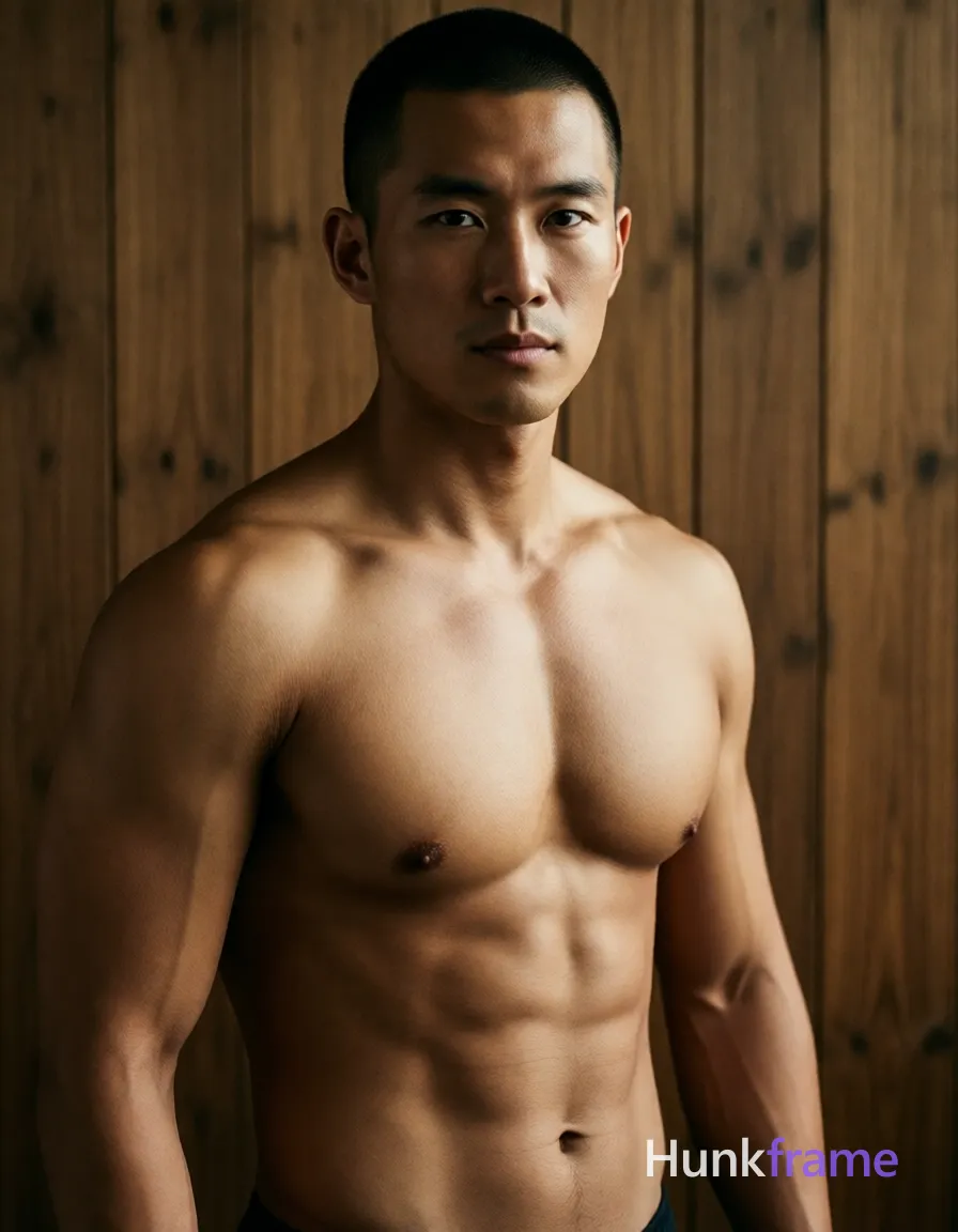 Asian man with short buzz cut and clean-shaven face stands upright facing forward, torso slightly angled right; Shirtless adult displaying defined pectoral muscles, visible abdominal definition including rectus abdominis segments and obliques, broad shoulders, and toned arms against wooden paneling background; High contrast lighting from front-left creates subtle shadows on the right side of skin; Vertical portrait 13:19 aspect ratio with shallow depth of field blurring edges; Fine-art photography style emphasizing masculine confidence in a minimalist warm palette; single clean uninterrupted photograph with a cohesive editorial composition and plain continuous surrounding surfaces