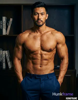 Asian man with short black hair styled back, clean-shaven face, neutral direct gaze standing center-