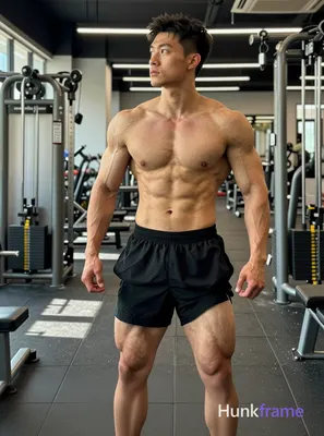 muscular male subject standing with arms slightly bent at elbows, torso angled to side, looking upwa