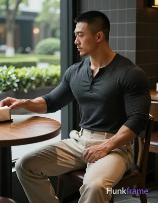 Asian man with medium-tan skin and short buzz cut, clean-shaven chin with light 