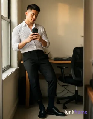Asian man with short buzz cut, dark brown/black textured top fade to skin on sid