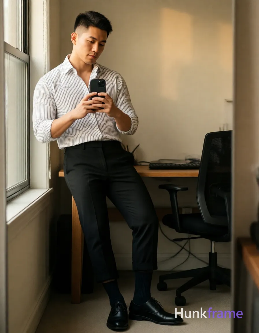 Asian man with short buzz cut, dark brown/black textured top fade to skin on sides and back, clean-shaven face; Standing in a cozy home office corner near a window; torso leaning casually while holding black smartphone in both hands at chest level for a candid selfie angle; Wearing white long-sleeve button-up shirt with thin vertical dark stripes, collar open at neck, sleeves rolled up to mid-forearm, black tailored trousers cuffed above ankles, dark ribbed crew socks pulled high on calves, black leather lace-up dress shoes; Warm natural light from window illuminating face and striped fabric texture; soft shadows in background; Vertical social-feed composition with trendy lifestyle vibe, shot on iPhone 15 Pro main camera, authentic smartphone computational photography, natural Smart HDR, vertical 9:16 Xiaohongshu lifestyle post, bright clean gym or cafe scene, wardrobe matching reference outfit, confident everyday blogger pose, phone photo with natural grain, phone held naturally in one hand for selfie, phone visible in frame; single clean uninterrupted photograph with a cohesive editorial composition and plain continuous surrounding surfaces