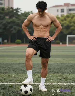 A shirtless muscular man standing on a soccer field with one foot on the ball, h