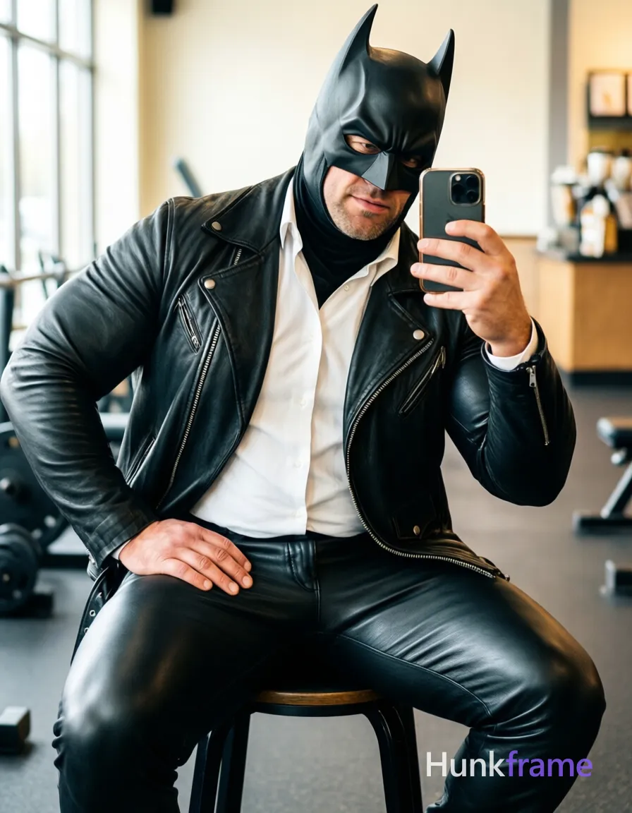 Adult man with thick thighs and broad shoulders seated on a black stool, torso leaning forward in confident posture. He wears a partially unzipped black leather jacket over a white collared shirt and matching leather pants, topped by a black Batman-style cowl mask with an eye slit exposing his neutral expression and slightly open mouth. His left hand rests firmly on his hip while the right holds a smartphone for a mirror selfie composition capturing full body from thighs up to head against an indoor room background with soft ambient light., shot on iPhone 15 Pro main camera, authentic smartphone computational photography, natural Smart HDR, vertical 9:16 Xiaohongshu lifestyle post, bright clean gym or cafe scene, wardrobe matching reference outfit, confident everyday blogger pose, phone photo with natural grain, phone held naturally in one hand for selfie, phone visible in frame, a single uninterrupted photograph only, no written words or typography anywhere in frame, no captions, no app UI, no social-media post layout, no screenshot borders