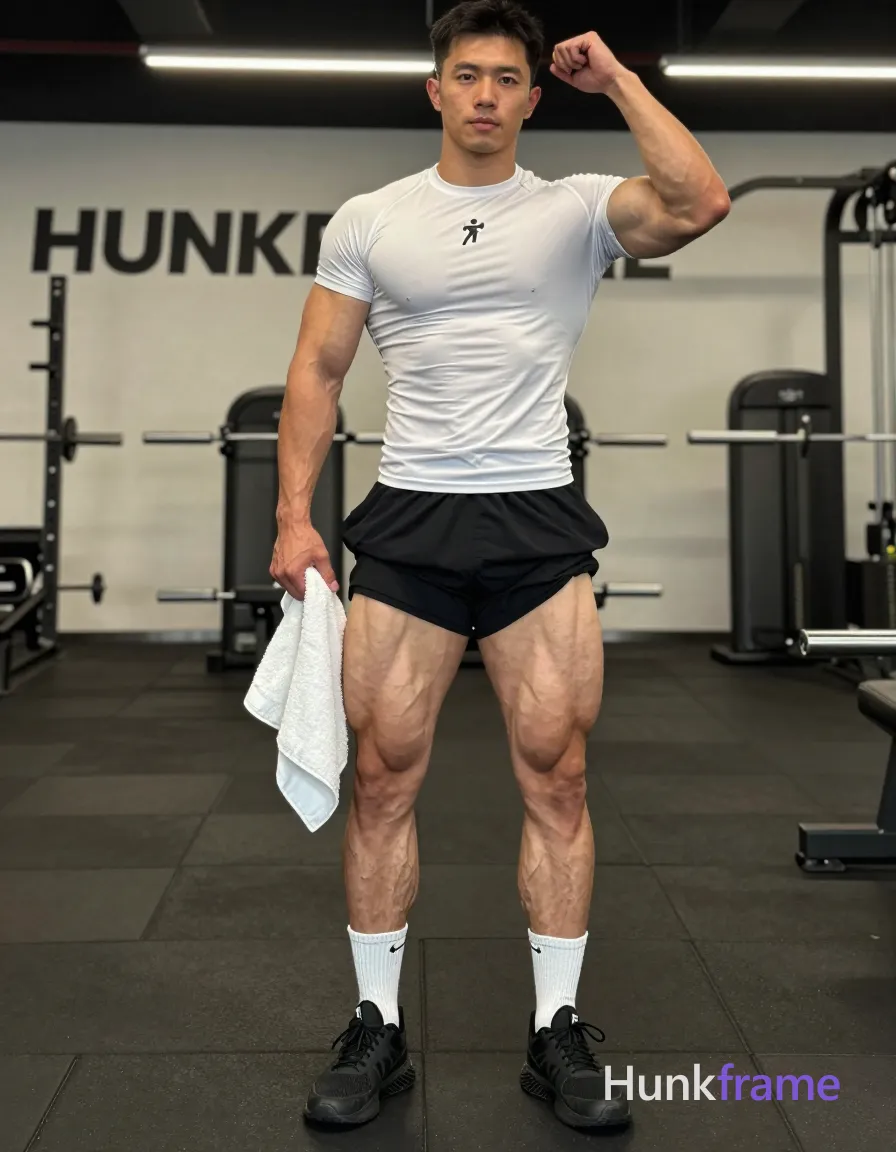 A handsome masculine man stands upright facing forward with slight weight shift to left leg, holding a white towel in right hand and raising left arm near head. He wears a white short-sleeve compression shirt with an anonymous figure logo on chest covering the torso fully, black athletic shorts ending mid-thigh, white crew socks pulled up to ankle, and black athletic sneakers. Arms show biceps and forearms; legs from waist down display thick quadriceps with prominent muscle separation and well-defined calves. Indoor gym environment with rubber flooring and weight equipment visible in background under overhead fluorescent-style illumination creating soft shadows. Vertical portrait orientation 13:19 aspect ratio, head cropped at top edge centered vertically and horizontally. Documentary-style capture no stylization or artistic rendering. Mood casual fitness-oriented neutral trendy influencer vibe. One visible wordmark HUNKFRAME on the sign in composition. Include exactly one visible wordmark, spelled exactly "HUNKFRAME", on the sign in the composition; preserve its appropriate typography and scale. No other visible text, logo, caption, username, hashtag, comment, watermark, or UI chrome., a single uninterrupted photograph only, no written words or typography anywhere in frame, no captions, no app UI, no social-media post layout, no screenshot borders