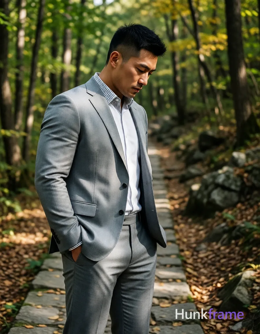 Photograph of exactly 1 adult man. Man 1: Asian, medium-light, oval with strong jawline, short black buzz cut, textured top, clean sides and back, clean-shaven smooth skin. Man 1 has fully exposed eyes, eyebrows, temples and nose bridge. Broad shoulders, thick thighs define the athletic Asian man standing upright. He stands on a stone path with left hand in suit pocket, head tilted down. Light gray tailored two-piece suit jacket, trousers over white dress shirt with striped collar detail. Full-body vertical shot centers subject occupying middle third against forest background framing both sides. Outdoor wooded trail features autumn foliage green yellow leaves scattered dry leaves on rocky ground terrain visible in background. Natural daylight filters through canopy creating dappled shadows across sculpted physique and fabric textures with soft directional light highlighting left side of body while right remains partially shaded. Fine-art photography aesthetic editorial fashion tone emphasizes form and fabric texture cinematic depth blurring trees slightly to isolate subject