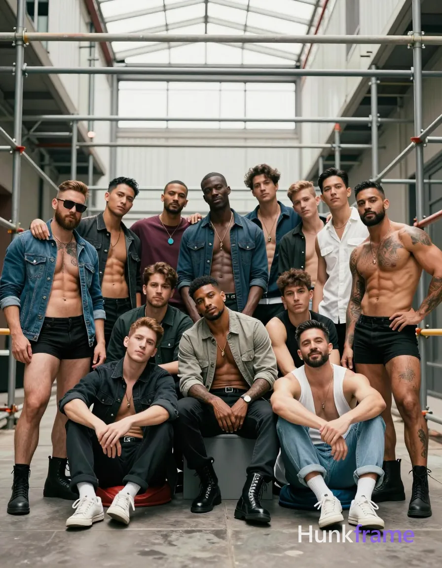 A group of twelve diverse men posing together in an urban industrial setting with scaffolding and glass roofing. The men are shirtless or wearing revealing clothing, highlighting their muscular builds and thick thighs. They are seated or standing in relaxed poses, some leaning on each other, creating a sense of camaraderie. Natural daylight illuminates the scene, enhancing details of their physiques and clothing. Muted tones with occasional pops of color from accessories like hats or shirts create a casual yet artistic mood