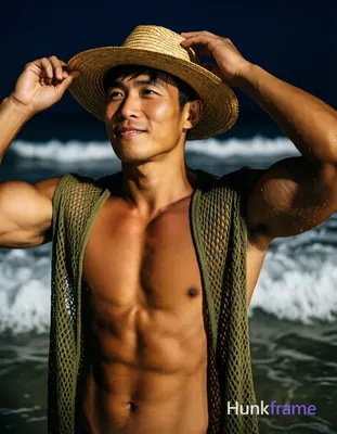 Asian man with tanned skin and short black straight hair visible at temples, clean-shaven face with 