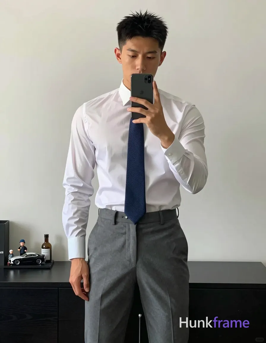 an anonymous figure man with light to medium tan skin and short spiky black hair stands in front of a mirror, fully clothed; He wears a white long-sleeve button-up shirt tucked into waistband, dark blue patterned tie knotted at collar hanging straight down center of chest, gray tailored trousers with front pleats and belt loops; Broad shoulders defined pectorals tight waistline visible under fabric; Standing legs slightly apart showing full-length trousers holding black smartphone vertically with right hand thumb near screen edge capturing mirror reflection left arm relaxed by side neutral focused gaze at phone screen indoor room plain white wall background dark console table behind subject displaying small figurines car model bottle wallet on glossy surface soft directional light from left side creating subtle shadows on right shoulder and torso even ambient fill lighting minimizing harsh contrasts clean lines sharp focus on subject mirror reflection framing technique confident polished minimalist aesthetic fashion editorial tone homoerotic undertones through pose and physique emphasis 13:19 aspect ratio vertical; single clean uninterrupted photograph with a cohesive editorial composition and plain continuous surrounding surfaces