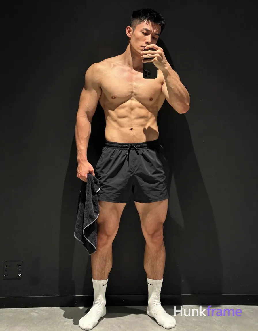 photoreal photograph of a handsome muscular man with defined abs and thick thighs. He is shirtless, standing in a full body shot with one arm raised, holding a black towel around his waist. Wearing black shorts and white crew socks, he leans slightly forward with his head tilted to the side against a dark background. Intense lighting highlights his physique in a vertical portrait orientation (1080:1301 aspect ratio), creating high contrast and emphasizing strength and fitness., shot on iPhone 15 Pro main camera, authentic smartphone computational photography, natural Smart HDR and true-to-life skin texture, vertical 9:16 Xiaohongshu lifestyle feed, bright clean everyday scene, unretouched phone photo with subtle sensor grain, trendy Chinese internet 网红 aesthetic, candid influencer energy, phone held naturally in one hand for selfie, phone visible in frame