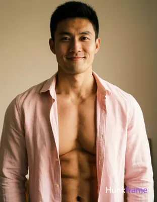 A handsome masculine man standing straight with a slight smile, wearing a light pink long-sleeve shi