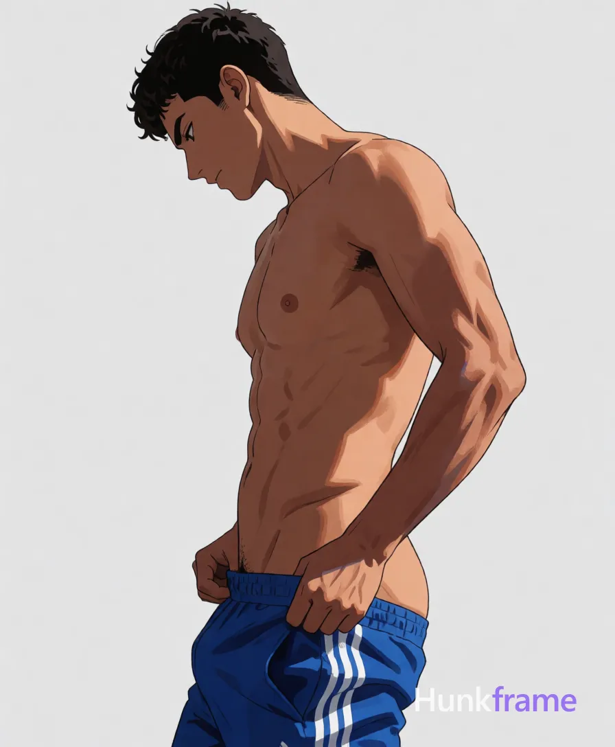 Polished anime style illustration of a Hispanic man with tanned skin and short dark hair in profile facing left; He is shirtless pulling up blue athletic track pants to mid-thigh, exposing defined pectorals and six-pack abs against a plain light gray background; Dramatic directional lighting from front-left creates high contrast shadows on his right side, same aesthetic theme and photo feel as the reference but a different man in a different pose with distinct body proportions, Moroccan man, deep tan, dark curls, defined abs natural not exaggerated; single clean uninterrupted artwork with a cohesive composition and plain continuous surrounding surfaces