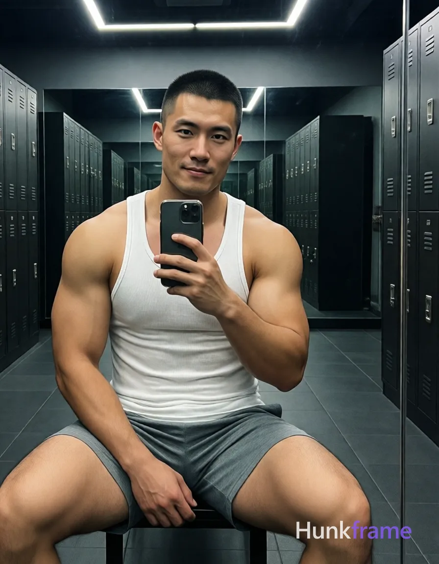 Photograph of exactly 1 adult man. Man 1: East Asian, light-medium, square-jawed with defined cheekbones and a straight jawline, short buzz cut, black hair, high density, clean-shaven scalp visible at the nape, clean-shaven. Man 1 has fully exposed eyes, eyebrows, temples and nose bridge. East Asian man with broad shoulders, thick quads. Seated mirror selfie holding phone at eye level. Shirtless in white ribbed tank top, gray shorts. Vertical portrait showing knees to head within locker room. Modern gym with dark tiles, lockers, full-length mirrors. Overhead LED casting soft shadows on sculpted muscles. High-resolution photo emphasizing vascularity and confident pose