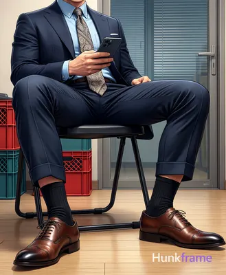 Waist-down anime style shot of an adult man seated on a black folding chair, legs spread wide with k