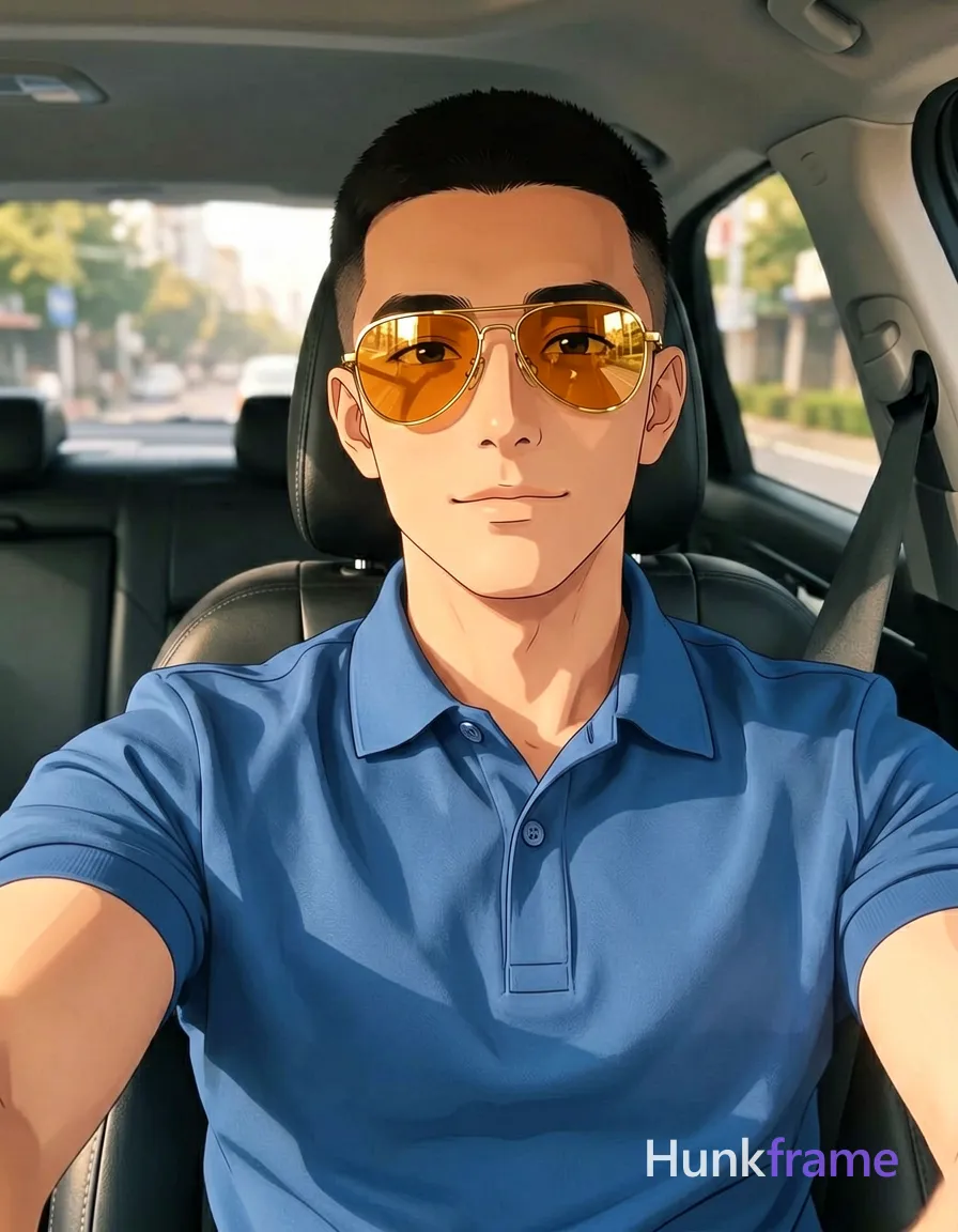 an anonymous figure man with light-medium skin and short buzz cut black hair, wearing gold-rimmed aviator sunglasses with reflective amber lenses resting on the nose bridge; He is seated in a car driver's seat leaning back against headrest left arm extended outward holding device for selfie angle; Wearing blue short-sleeved polo shirt with buttoned placket single visible button fully clothed adult torso broad shoulders defined collarbones; Car interior background center-left occupying majority of frame from chest up to forehead head slightly tilted toward camera natural sunlight streaming from left side creating soft shadows on right cheek and neck shallow depth of field blurring background street scene city trees buildings warm white balance confident casual luxury mood high-resolution smartphone photography style polished anime 25D next-gen game art expressive face athletic anatomy; The adult man visibly wears gold-rimmed aviator sunglasses with reflective amber lenses; frames are thin and metallic, resting on the nose bridge and ears on his face; preserve the exact frame shape, rim style, color, material, and; single clean uninterrupted artwork with a cohesive composition and plain continuous surrounding surfaces