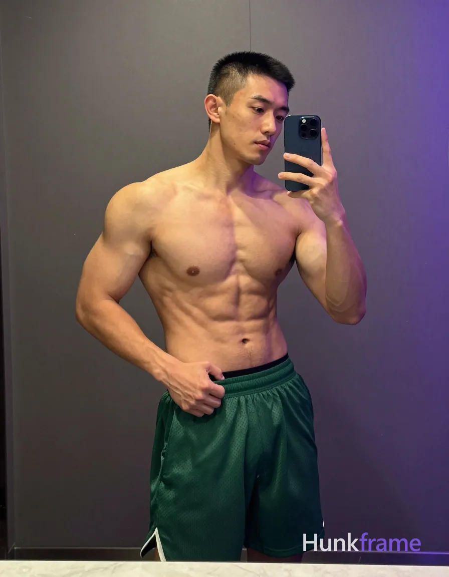 Asian man with light to medium tan skin and short buzz cut stands shirtless before a mirror, broad shoulders and defined pectorals prominent; He wears green mesh athletic shorts mid-thigh length with black underwear waistband visible above; Right hand grips the waistband while left holds dark blue smartphone capturing reflection in large bathroom mirror; Warm overhead highlights contrast cool purple ambient glow from right side against dark gray walls; Vertical full-body shot head to mid-thighs, slightly grainy phone camera texture, confident intimate mood, shot on iPhone 15 Pro main camera, authentic smartphone computational photography, natural Smart HDR and true-to-life skin texture, vertical 9:16 Xiaohongshu lifestyle feed, bright clean everyday scene, unretouched phone photo with subtle sensor grain, trendy Chinese internet 网红 aesthetic, candid influencer energy, phone held naturally in one hand for selfie, phone visible in frame; single clean uninterrupted photograph with a cohesive editorial composition and plain continuous surrounding surfaces