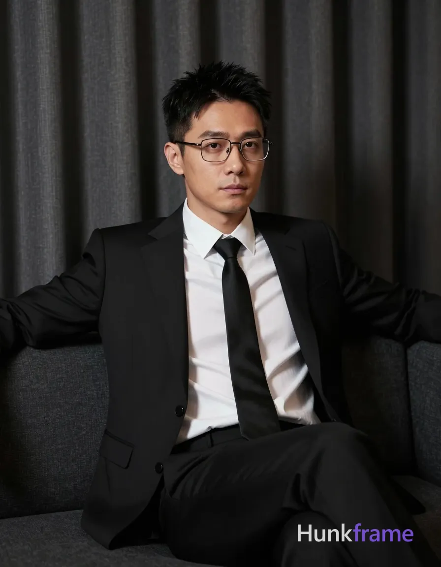 an anonymous figure man with light to medium skin and short textured black hair, wearing rectangular wire-rimmed glasses with thin black frames; Seated on a dark upholstered sofa with left arm extended along the backrest, right leg bent at knee while left leg is extended forward; Wearing a single-breasted black suit jacket with notched lapel over a white button-down dress shirt where top two buttons are undone and collar open, paired with a black necktie knotted centered at the collar; Mid-shot waist-up to thighs against heavy dark gray curtains in an indoor studio setting; Soft directional lighting from front-left creates subtle shadows on face and suit fabric textures; Shallow depth of field blurs curtain folds for elegance; High contrast between subject and background, fine-art photography aesthetic with sophisticated mood; The adult man visibly wears rectangular wire-rimmed glasses with thin black frames; clear lenses; worn on face covering both eyes on his face; preserve the exact frame shape, rim style, color, material, and lens tint, same aesthetic; single clean uninterrupted photograph with a cohesive editorial composition and plain continuous surrounding surfaces