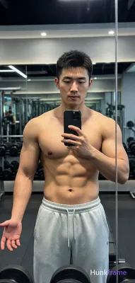 Asian man with short dark textured hair and clean-shaven face, shirtless displaying broad shoulders 