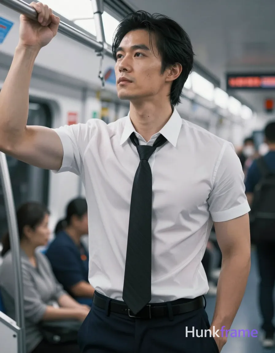 Asian man with light-medium warm skin, black medium-length side-parted hair, clean-shaven face, neutral contemplative gaze upward left. Standing upright on subway train gripping silver overhead rail right hand, body angled toward camera head turned away. Wearing tight-fitting white short-sleeved semi-transparent button-up shirt showing pectorals and torso musculature, loose black striped necktie knot at collar, dark navy trousers with belt buckle. Chest-up portrait center-left foreground, blurred commuters background. High-contrast cool-toned subway lighting, shallow depth of field cinematic composition, athletic strength confidence., a single uninterrupted photograph only, no written words or typography anywhere in frame, no captions, no app UI, no social-media post layout, no screenshot borders
