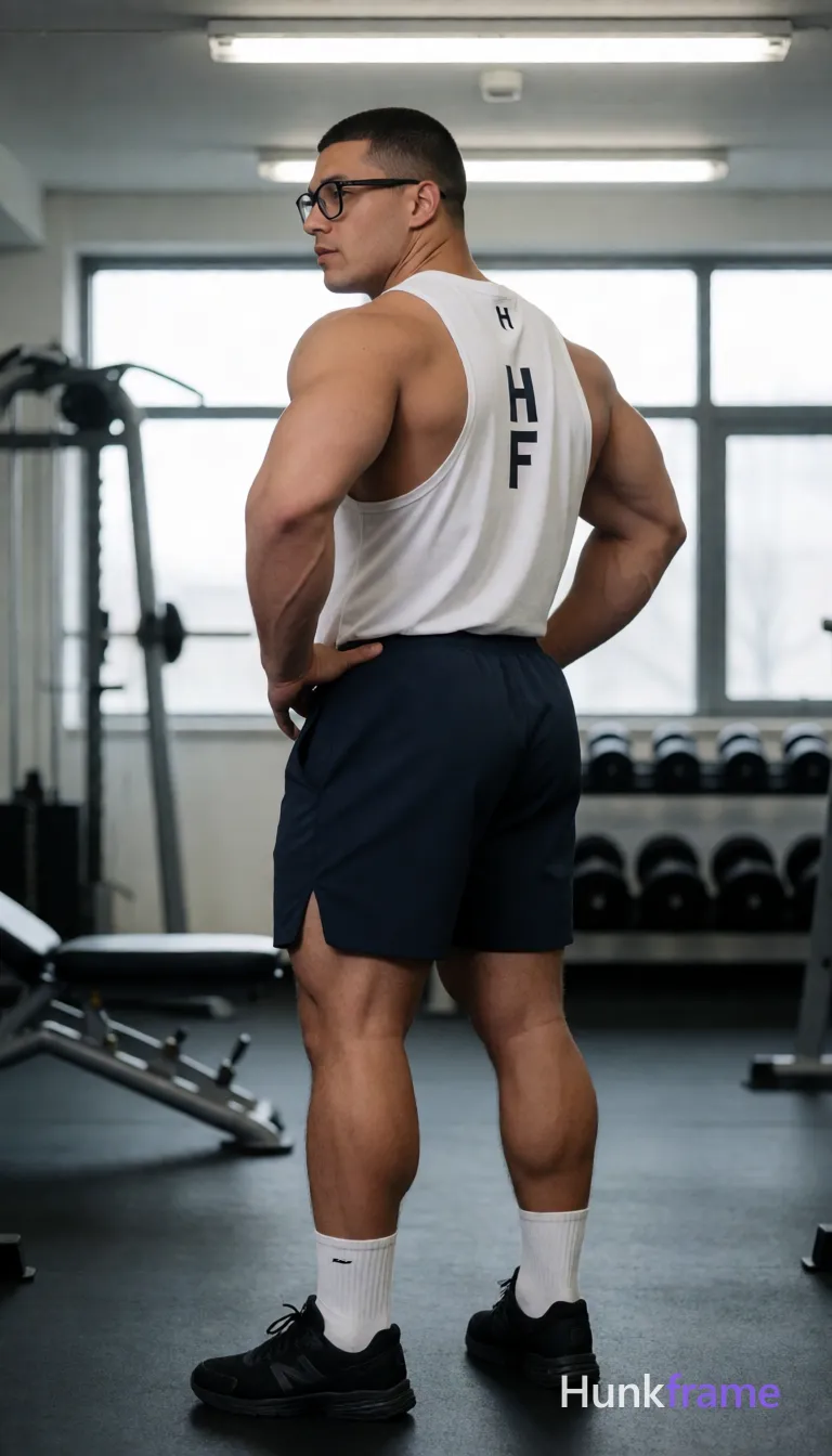 Heavily muscular adult man with substantial muscle mass, wide shoulders, thick neck, large chest and arms, powerful thighs, and dense bodybuilding proportions; an anonymous figure man with light to medium tan skin, short dark buzz cut, black-rimmed rectangular glasses worn securely on face; Standing in profile facing left, head turned back over right shoulder, hands on hips thumbs inside waistband of shorts; Wearing white sleeveless athletic tank top 'HF' printed vertically down center back with small logo at neckline, dark navy mid-thigh athletic shorts with side slits, white crew socks to ankle bone, black athletic sneakers; Indoor gym environment with large windows and exercise equipment background including weight bench and dumbbells; Overhead fluorescent strip lighting creating even illumination with soft shadows diffused ambient light source; High contrast lighting emphasizing muscle definition of broad shoulders defined deltoids trapezius muscles visible latissimus dorsi toned abdominal area thick quadriceps well-defined calves; Full body centered vertical portrait 13:19 aspect ratio clean composition focused athletic confident masculine mood fine-art photography premium; single clean uninterrupted photograph with a cohesive editorial composition and plain continuous surrounding surfaces