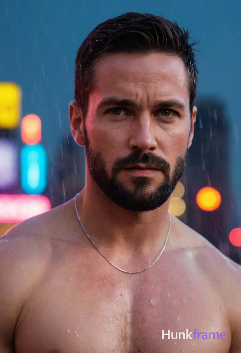 A muscular man with short dark hair, a beard, and serious expression stands confidently in a neon-lit rainstorm against the backdrop of a futuristic cityscape. The scene features towering buildings and holographic advertisements casting vibrant blue and pink hues, while the ground is wet from the ongoing rainfall. His shirtless body is visible through the falling raindrops, with his muscular abs and biceps defined by the subtle light reflecting off his skin. The lighting is dramatic with stark contrasts between bright neon colors and dark shadows, creating an intense and homoerotic mood. 1080:1529 vertical portrait orientation, full body shot including legs