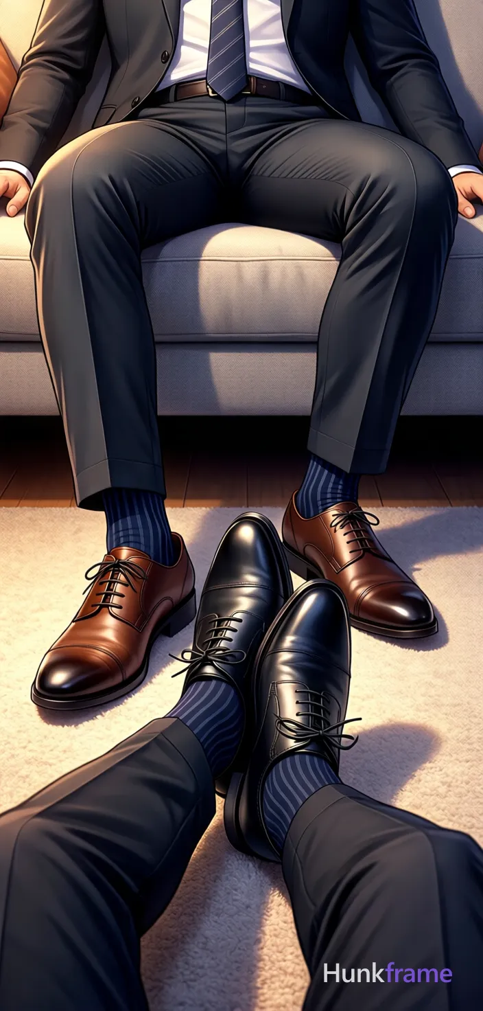 Two adult men in polished anime 2.5D next-gen game art style, seated on light grey sofa and floor area with thick thighs visible. Man one: dark charcoal slim-fit trousers, left leg forward right back, striped navy dress socks, brown leather lace-up oxford shoes; torso cropped at waist showing tie lapels only. Man two: lower left position extending legs toward camera, knees bent, black leather lace-up oxford shoes, ankles crossed over each other. Warm ambient indoor lighting on beige carpeting with grey sofa backdrop emphasizes leg positioning and footwear details while cropping torsos to maintain mystery., a single uninterrupted photograph only, no written words or typography anywhere in frame, no captions, no app UI, no social-media post layout, no screenshot borders