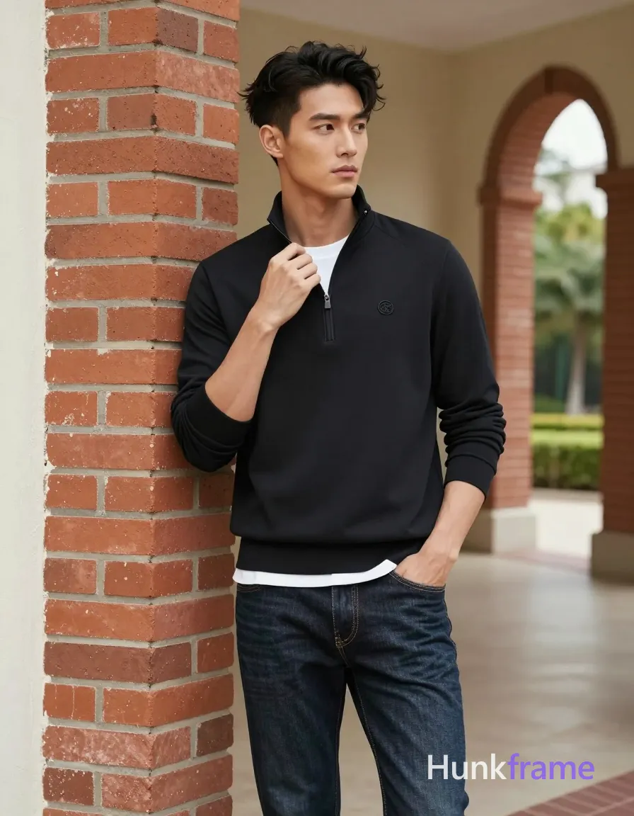 Asian man, light-medium skin, short textured black hair styled upward at the crown with tapered sides and slight flyaways, clean-shaven smooth jawline; Standing upright leaning slightly against a red brick pillar on his right side in an outdoor architectural space; Left hand resting near hip pocket, right hand adjusting collar of black long-sleeve quarter-zip pullover with small embroidered logo to reveal neck and collarbone area above zipper line; White crew-neck undershirt visible at neckline and hemline over lean build with defined shoulders and arms; Dark wash denim jeans with visible stitching along front seams from head to mid-thighs vertical orientation; Smartphone held naturally in left hand capturing mirror reflection, greenery visible through open archway to right under soft diffused daylight, same aesthetic theme and photo feel as the reference but a different man in a different pose with distinct body proportions, Mediterranean Italian man, olive skin, wavy dark hair, lean surfer body; single clean uninterrupted photograph with a cohesive editorial composition and plain continuous surrounding surfaces