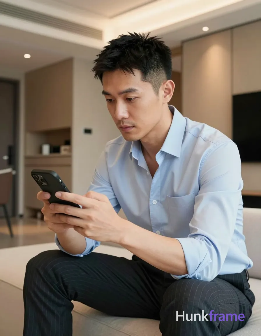 Photograph of exactly 1 adult man. Man 1: Asian, light-medium, oval with defined jawline, short black hair, textured top and faded sides, clean neckline, clean-shaven. Man 1 has fully exposed eyes, eyebrows, temples and nose bridge. Lean Asian build with short black textured hair, clean-shaven face. Seated sideways holding black smartphone at chest level reviewing photo. Light blue long-sleeve shirt undone top buttons dark pinstripe trousers. Vertical portrait full-body seated shot knees up to head center-right frame. Modern apartment with light wood cabinetry beige rug, contemporary furniture. Soft ambient indoor lighting warm highlights on face from overhead source. Clean lines minimalist interior high-end fashion editorial aesthetic calm mood