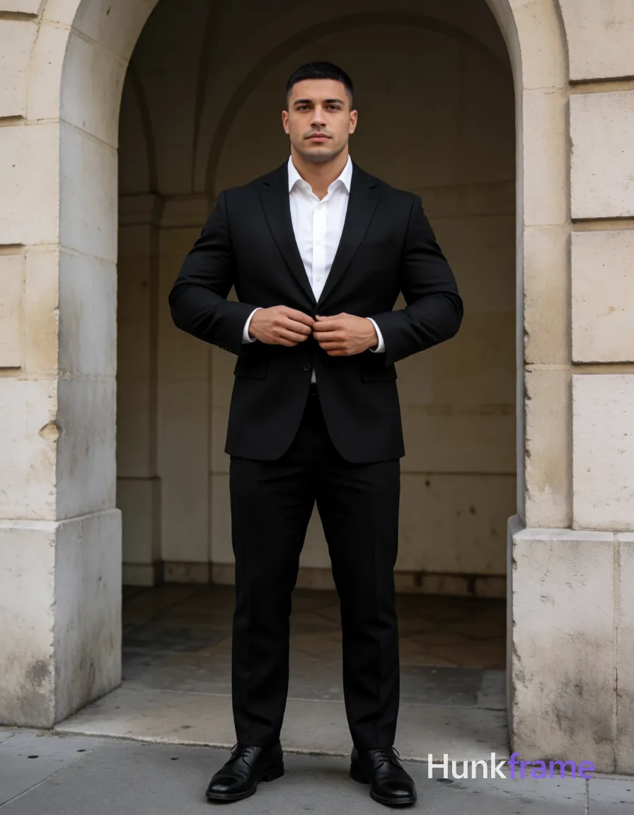Heavily muscular adult man with substantial muscle mass, wide shoulders, thick neck, large chest and arms, powerful thighs, and dense bodybuilding proportions; an anonymous figure man with light to medium tan skin and short black buzz cut stands upright in front of an arched doorway, adjusting a single-breasted black tailored suit jacket at the button line; He wears a white dress shirt with collar unbuttoned at top, matching black trousers, and black leather dress shoes; Full-body shot from head to shoes centered vertically within stone architecture under soft natural daylight overcast shadows; Clean lines architectural framing minimalist composition conveying composed formal confident mood; single clean uninterrupted photograph with a cohesive editorial composition and plain continuous surrounding surfaces