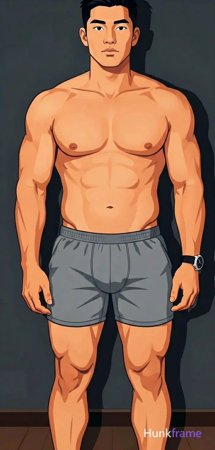 An adult masculine man with a muscular build and thick thighs stands facing forward in an indoor room He wears unobstructed face with both eyes, irises, eyebrows, temples, and nose bridge clearly visible; left arm relaxed at side showing a wristwatch on grey athletic shorts reaching mid-thigh while standing shirtless under direct flash lighting that casts sharp shadows behind him; The vertical 13:19 composition captures the full body from waist up with head cropped, rendered as bold flat-color poster art with high-contrast color blocking and clean vector lines against dark walls; securely fitted underwear or swim trunks with complete frontal coverage; single clean uninterrupted photograph with a cohesive editorial composition and plain continuous surrounding surfaces