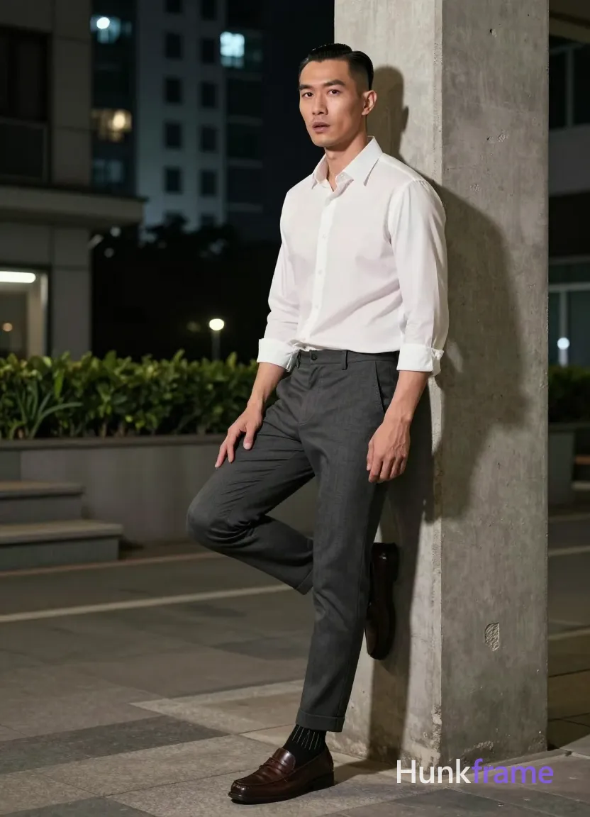 Asian man with short black side-parted slick-back hair and clean-shaven face, neutral expression mouth slightly open; Standing casually leaning against a concrete pillar in an urban alleyway left leg relaxed right knee bent torso angled forward hands resting on thighs for support; White long-sleeve button-up shirt sleeves rolled to mid-forearm dark grey slim-fit trousers cuffed at ankles black striped socks with white vertical stripes brown leather loafers fully clothed adult lean build physique outdoor night scene modern high-rise building background manicured greenery stone steps artificial ambient lighting soft shadows on face and clothing fine-art photography aesthetic dramatic nighttime lighting sculpted pose deliberate body language polished confident urban sophistication full-body shot centered portrait orientation 13:19 aspect ratio; single clean uninterrupted photograph with a cohesive editorial composition and plain continuous surrounding surfaces