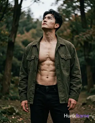 handsome Asian man standing with torso slightly leaned back and looking upwards, shirtless with bare