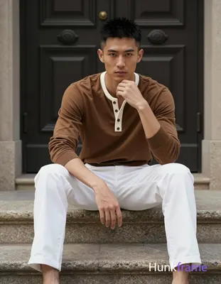 Asian man with short black textured spiky hair fading to tight buzz, clean-shaven face, neutral cont