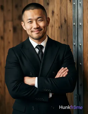 Asian man with buzz cut and light stubble stands upright in a black double-breas