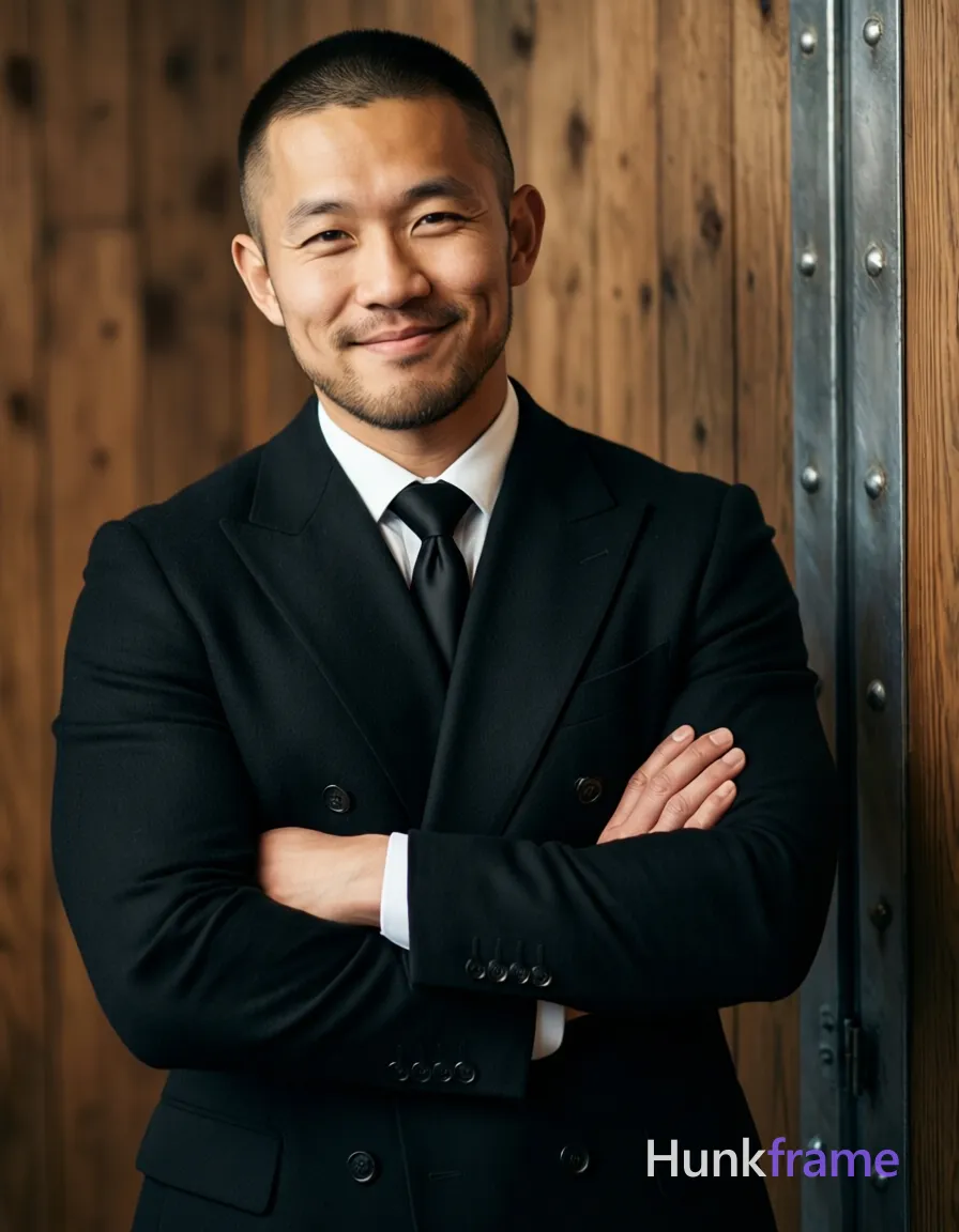 Asian man with buzz cut and light stubble stands upright in a black double-breasted wool-blend suit jacket, arms crossed over chest confidently. White dress shirt collar visible beneath peak lapels, solid black silk tie knotted at neck base. Broad shoulders show defined pectoral muscles through fabric, toned abdominal definition visible. Gentle closed-mouth smile with crinkled eyes faces camera directly, head tilted slightly right. Indoor studio setting features wood-paneled walls and metallic riveted door frame to the right. Soft directional key light illuminates left side of face creating subtle shadows on right cheekbone. High-resolution digital capture with shallow depth of field blurring background elements behind shoulders. Color grading emphasizes warm wood tones against cool black suit for visual tension between organic and manufactured textures., a single uninterrupted photograph only, no written words or typography anywhere in frame, no captions, no app UI, no social-media post layout, no screenshot borders
