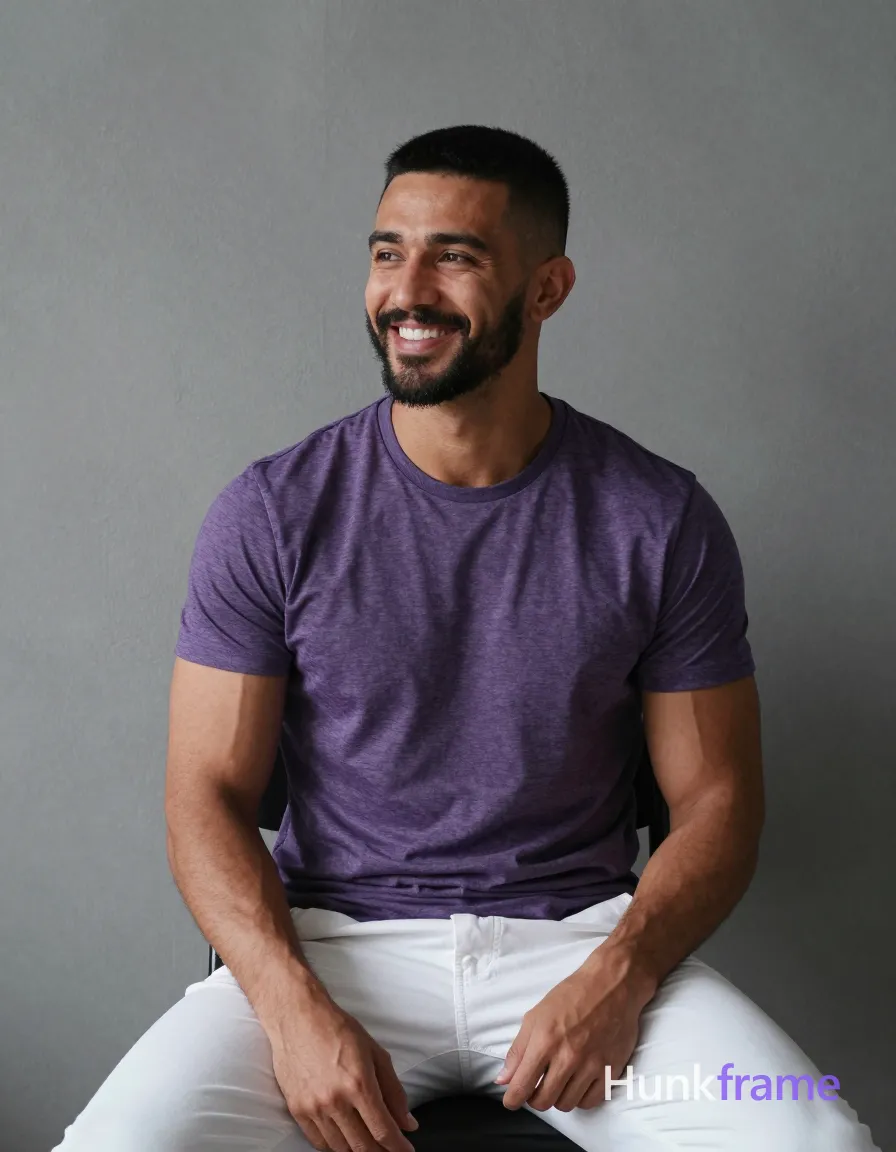 Asian man with short buzz cut black hair high and tight fade sides, clean-shaven face smiling with teeth showing looking slightly to the right of camera; Seated on a black chair torso upright relaxed head turned toward his left against textured gray wall background; Wearing purple marled short-sleeve t-shirt crew neck snug fit white loose-fitting pants broad shoulders defined pectorals toned biceps waist-up portrait centered horizontally vertically; Soft directional light from left side creating subtle shadows muted purple white gray black palette clean composition minimalist aesthetic fine-art photography style vertical phone wallpaper, same aesthetic theme and photo feel as the reference but a different man in a different pose with distinct body proportions, Middle Eastern man, tan skin, dark beard shadow, muscular but natural proportions; single clean uninterrupted photograph with a cohesive editorial composition and plain continuous surrounding surfaces