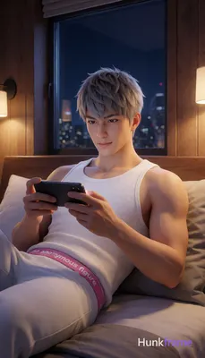 Asian man with ash-grey short textured crop cut and minor stubble shadow, reclining on bedroom bed a