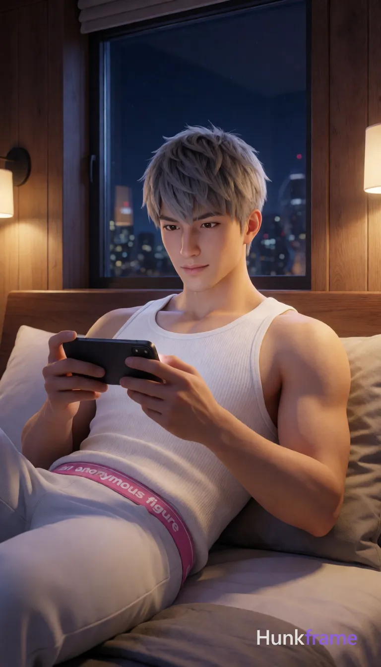 Asian man with ash-grey short textured crop cut and minor stubble shadow, reclining on bedroom bed against pillows; He wears a white ribbed tank top covering torso completely over broad shoulders and defined pectorals, paired with white an anonymous figure briefs featuring a pink waistband displaying 'an anonymous figure' text in white lettering; Legs are spread apart with left leg bent upward and right leg extended forward showing thick thighs and lean calves with subtle freckling; He holds a black smartphone horizontally at chest level with both hands for interaction, gaze focused downward on the screen; Setting is a bedroom interior with wooden paneling walls and a large window revealing a nighttime cityscape view outside; Lighting creates dramatic contrast between warm ambient glow from wall sconces illuminating his right side and cool blue tones reflecting off glass behind him to emphasize sculpted musculature; Polished anime 2.5D next-gen game art style rendering expressive face, athletic anatomy, high-quality character details, portrait orientation centered horizontally occupying majority of vertical frame; single clean uninterrupted artwork with a cohesive composition and plain continuous surrounding surfaces
