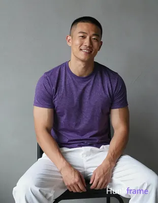 Asian man with short buzz cut and clean-shaven face smiling, seated upright on a
