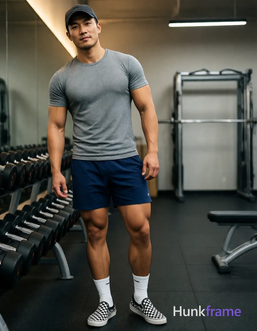 Asian man with light to medium tan skin and short dark hair under a cap, clean-shaven face, standing casually in gym interior near dumbbell racks; Wearing grey ribbed crew-neck t-shirt, navy blue mid-thigh shorts, white ankle socks with branding, black-and-white checkered slip-ons; Broad shoulders, defined pectorals, visible abs, thick thighs with prominent quads; Casual relaxed pose facing camera slightly angled, soft directional overhead lighting enhancing skin texture and muscle definition; High-resolution fitness photography mimicking candid iPhone rear-camera snapshot energy, vertical social-feed composition, trendy lifestyle vibe; single clean uninterrupted photograph with a cohesive editorial composition and plain continuous surrounding surfaces