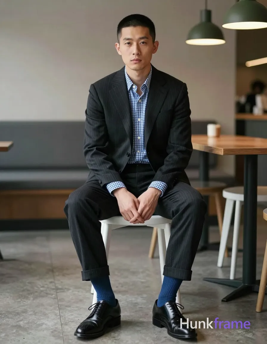 an anonymous figure man with short black buzz cut and clean-shaven face, seated upright on a white stool in modern café interior; He wears an open dark pinstripe suit jacket over a blue-and-white checkered button-down shirt with top two buttons undone, matching trousers cuffed to reveal medium-blue crew socks and black leather brogue shoes; Hands clasped between knees, feet flat on floor with slight outward angle of legs; Natural ambient light from right casts soft shadows across face and charcoal suit against olive-green pendant lights; shallow depth of field keeps focus on seated figure; Clean lines, high contrast, sophisticated minimalist mood; single clean uninterrupted photograph with a cohesive editorial composition and plain continuous surrounding surfaces