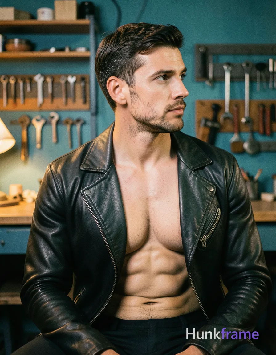 A photorealistic photograph of a handsome man seated with a torso-only crop. He is shirtless and wearing a black leather jacket, his body showing an artistic partial nude with defined abs. The setting is an artisanal workshop with warm lighting and blue-toned background featuring tools and shelves. His face is in profile, looking thoughtfully to the side, giving a contemplative and masculine mood. The canvas has a 52:29 aspect ratio (1344x768 pixels), highlighting his compact athletic build and defined abs prominently. The image showcases natural skin texture with pores, imperfect hair, and subtle film grain