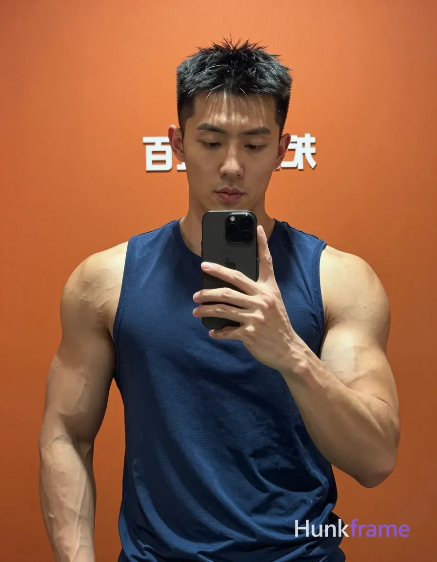 Asian man with light to medium tan skin and short dark black hair featuring a textured top with slightly spiky front stands before an indoor mirror; He wears a dark blue sleeveless athletic tank top covering his torso, revealing highly muscular build defined deltoids biceps and visible vascularity on arms while remaining fully clothed adult; Holding black smartphone with both hands thumb visible on screen edge capturing mirror selfie reflection against orange wall background with partial white text Chinese characters behind him; Direct frontal lighting from phone flash highlights musculature in high contrast sharp focus portrait composition occupying majority of frame mid chest up to head confident athletic mood:19 aspect ratio; single clean uninterrupted photograph with a cohesive editorial composition and plain continuous surrounding surfaces