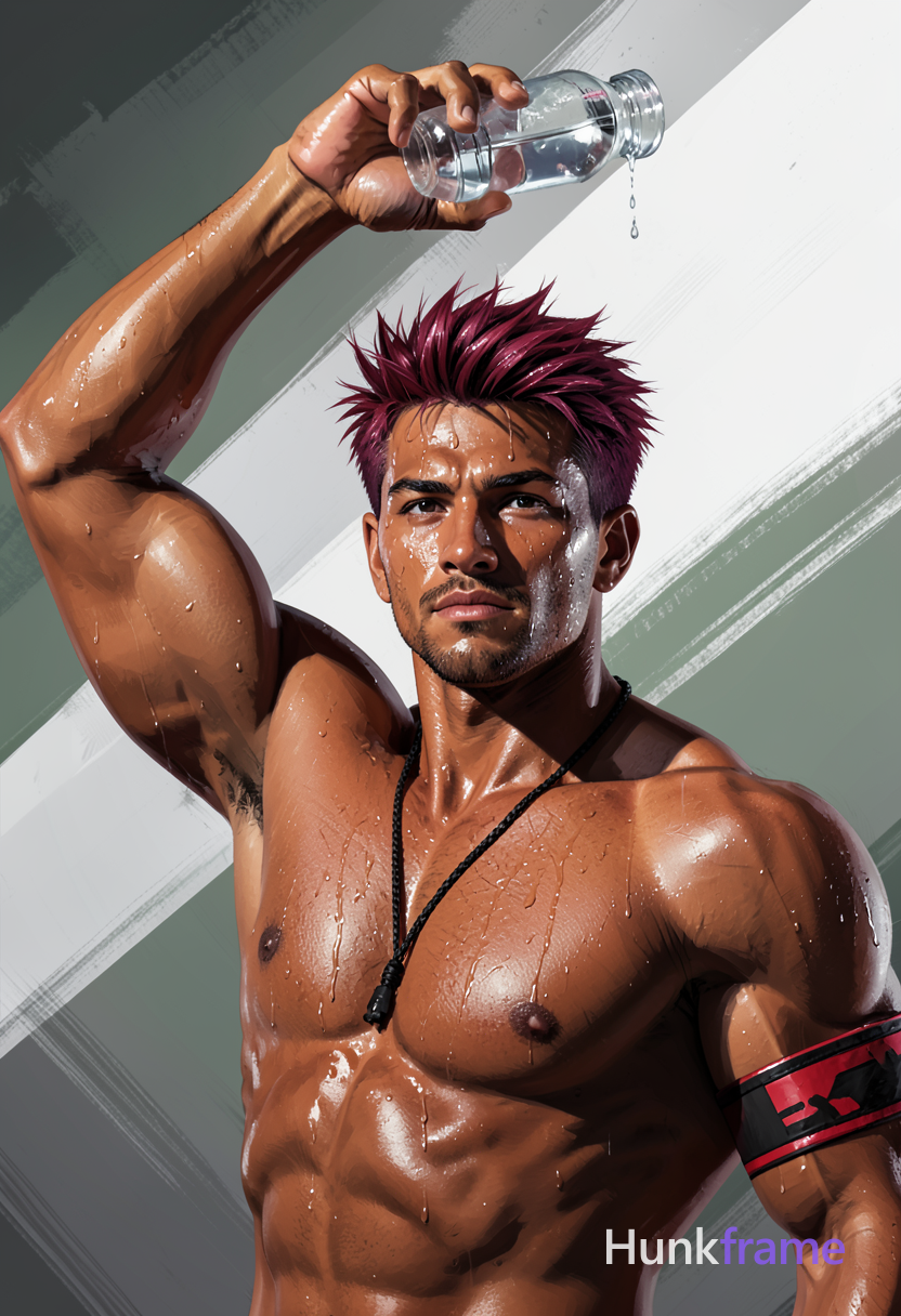 A handsome medium-brown skinned man with short spiky reddish-purple hair and swe