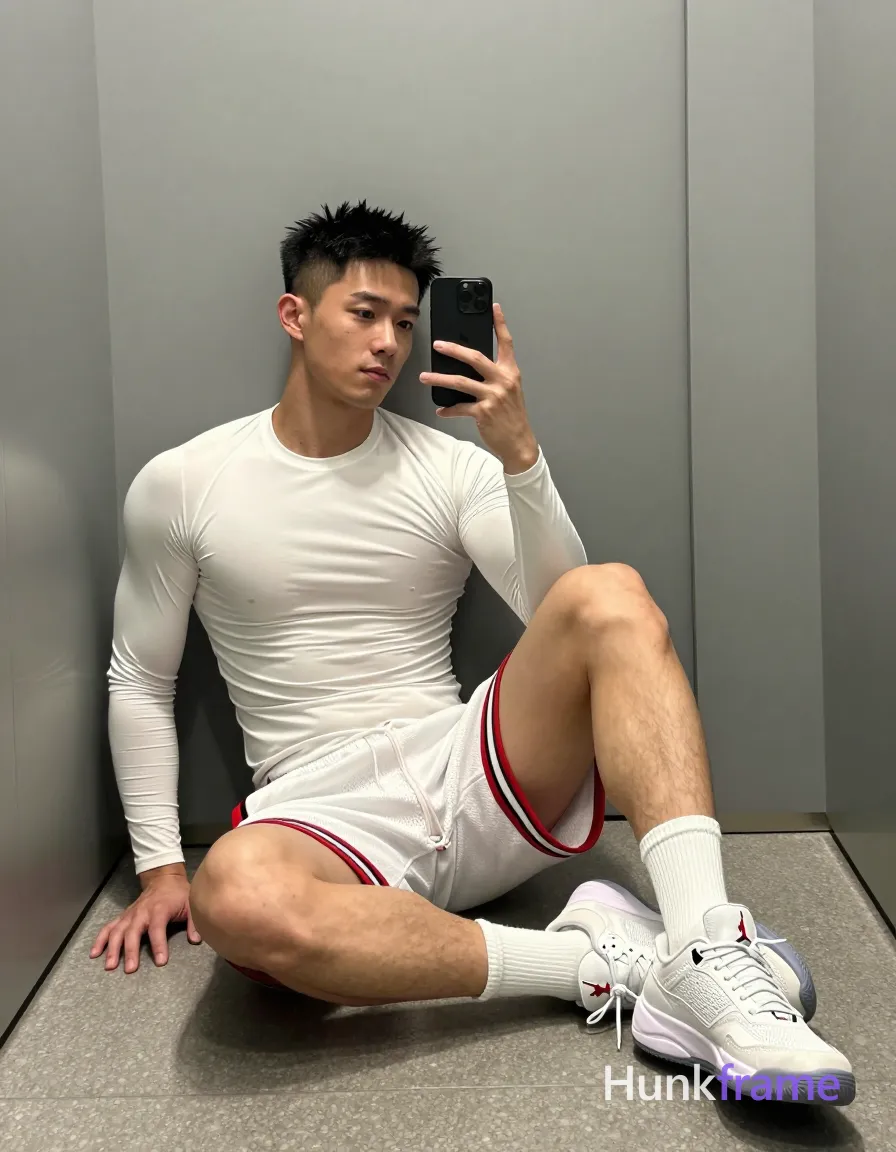 Asian man with short black textured spiky hair and clean-shaven face, lean build in white long-sleeve compression shirt and white basketball shorts with red/black Jumpman trim; Seated sideways against a gray wall in a narrow elevator space, left knee raised showing sole of shoe while right leg extends forward on floor; Holding black smartphone in right hand for mirror selfie, torso leaning slightly toward the glass reflection; Soft ambient indoor lighting highlights light-medium skin tone and athletic physique details within clean vertical portrait composition; single clean uninterrupted photograph with a cohesive editorial composition and plain continuous surrounding surfaces