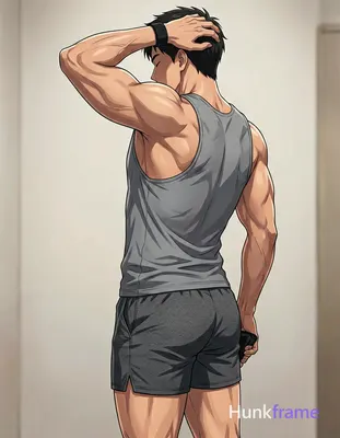 Polished anime style rendering of an adult muscular man standing in profile, left arm raised behind